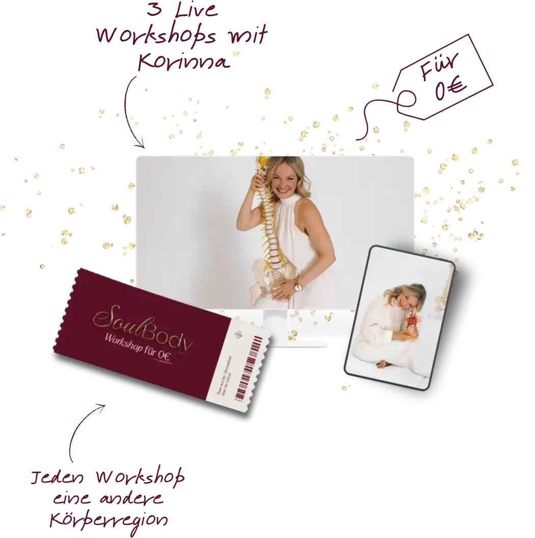Der SoulBody Workshop auf Bildschirm und Tablet, daneben das Ticket für 0,- € — mit drei handschriftlichen Notizen