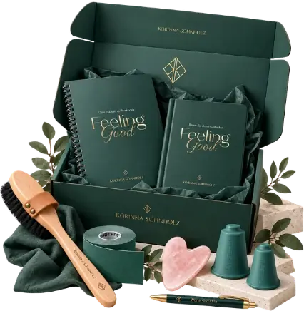 Die Feeling Good Box mit Workbook, Energiebürste, Gua Sha, Schröpfköpfen und Notizbuch