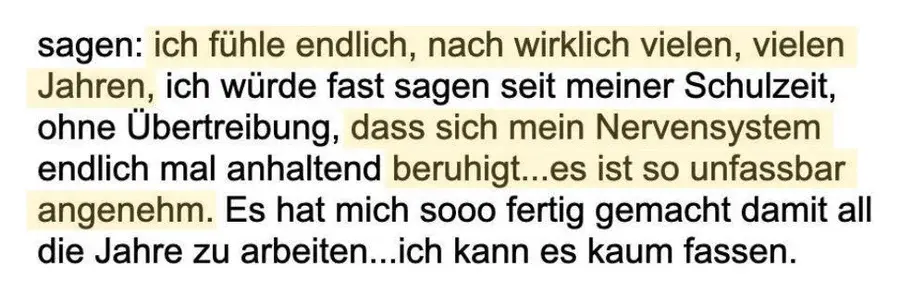 Nachricht einer Teilnehmerin: Mein Nervensystem beruhigt sich nach vielen Jahren endlich anhaltend.