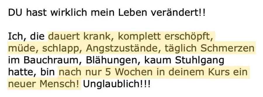 Nachricht einer Teilnehmerin: Du hast wirklich mein Leben verändert, nach fünf Wochen ein neuer Mensch.