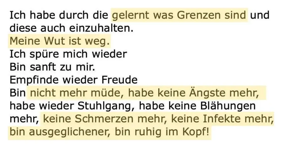 Nachricht einer Teilnehmerin: Grenzen gelernt, die Wut ist weg, ich empfinde wieder Freude.